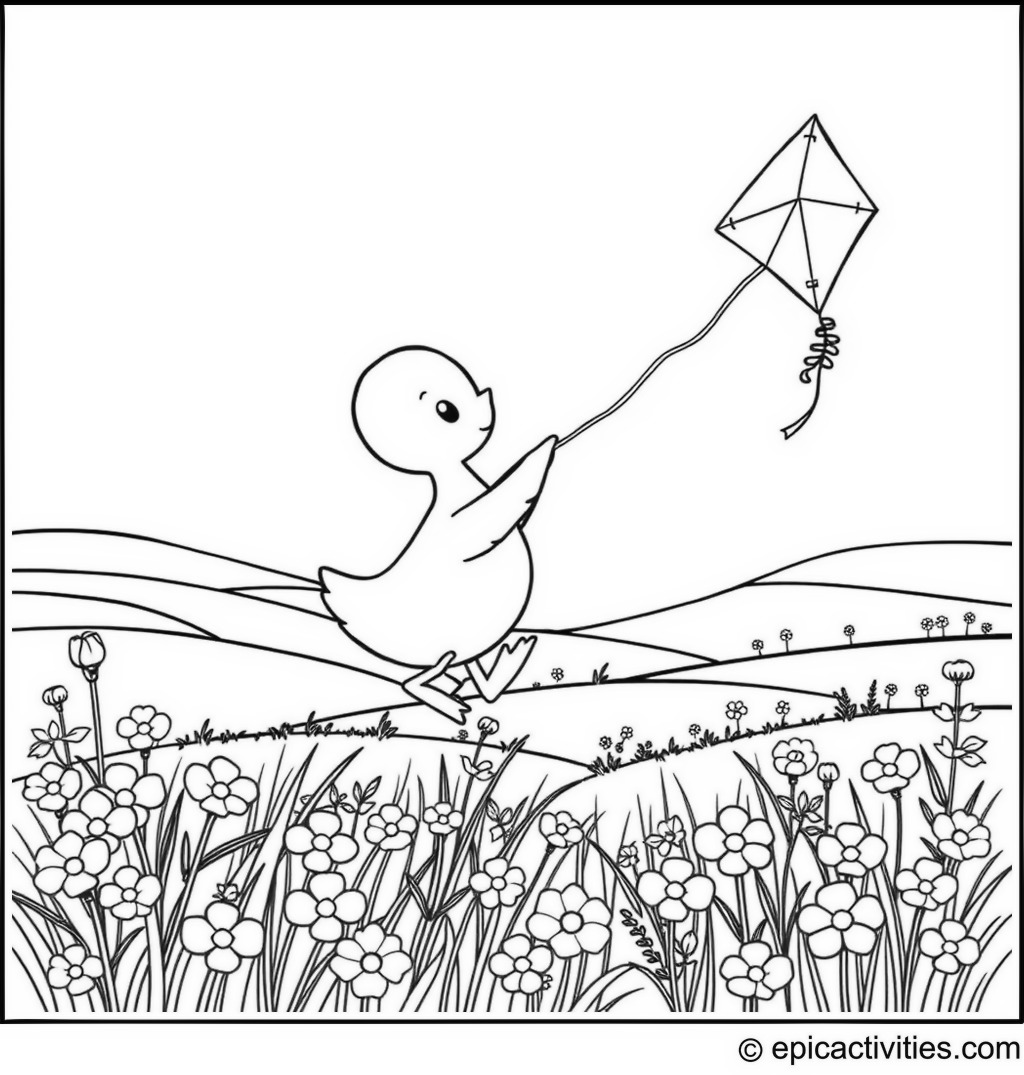 Coloring page of a cute cartoon duck flying a kite shaped like a dragon