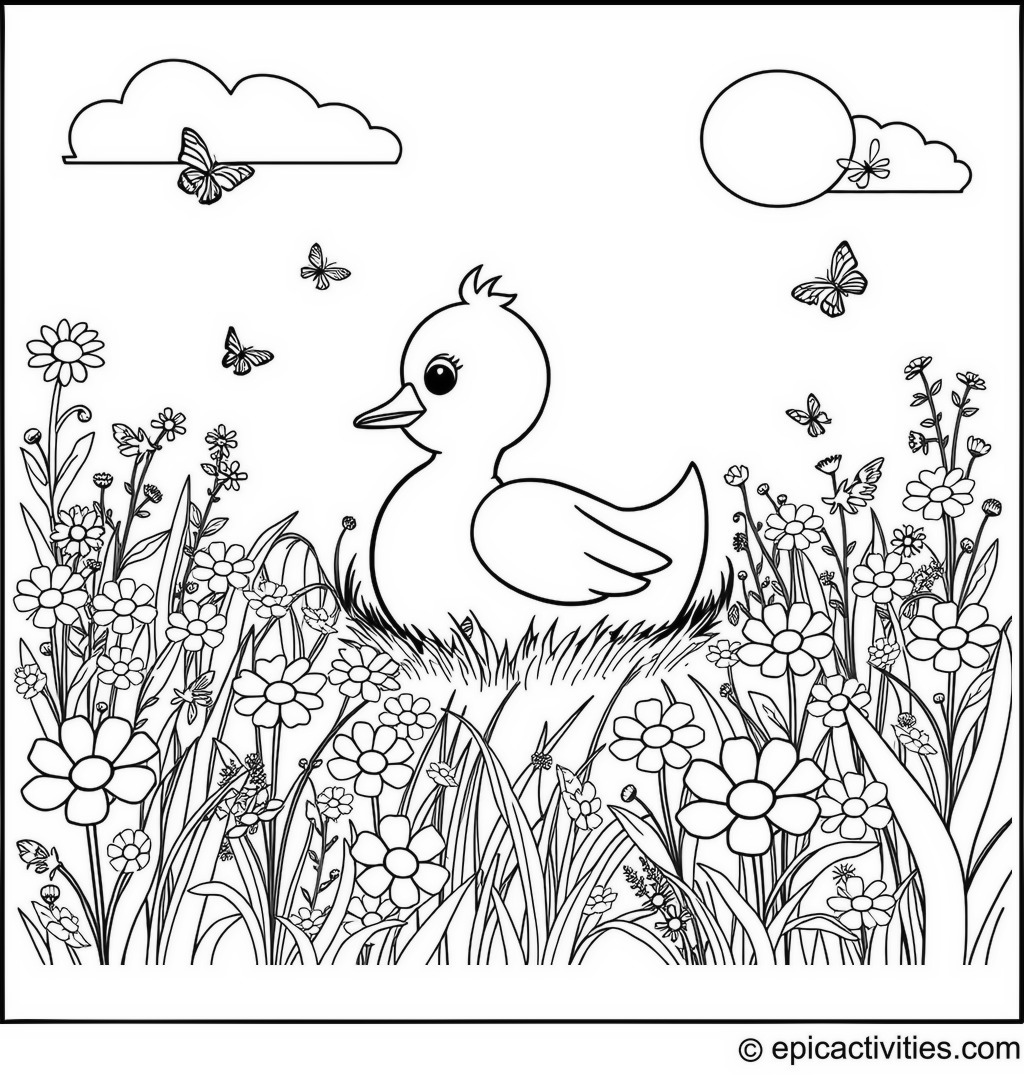 Coloring page of a Cute Cartoon Duck in a Flower Meadow