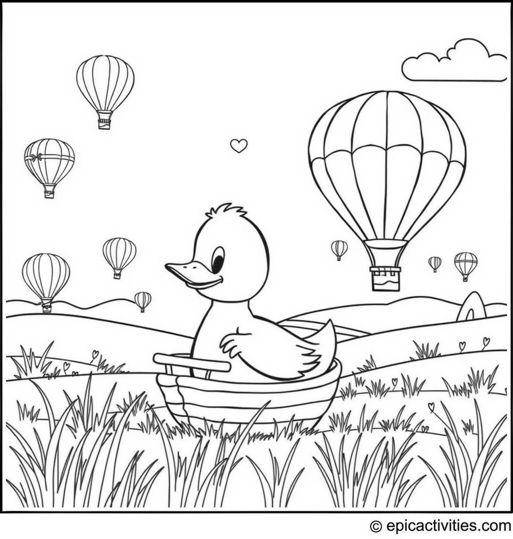 Coloring page of a Cute Cartoon Duck in a Hot Air Balloon Festival