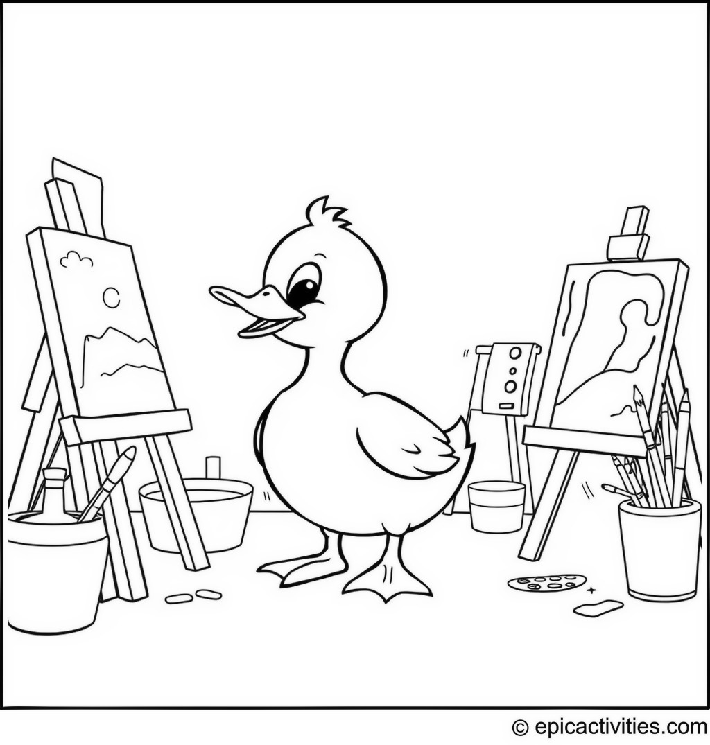 Coloring page of a Cute Cartoon Duck in an Art Studio