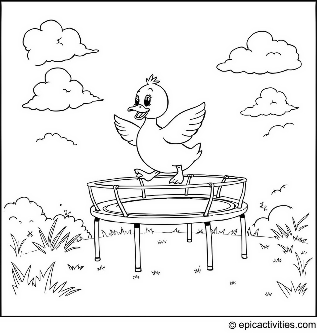 Coloring page of a cute cartoon duck jumping on a trampoline with friends