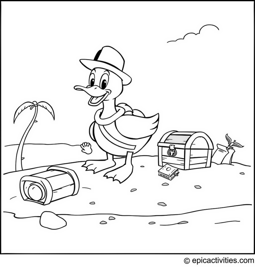 Coloring page of a cute cartoon duck on a treasure hunt island
