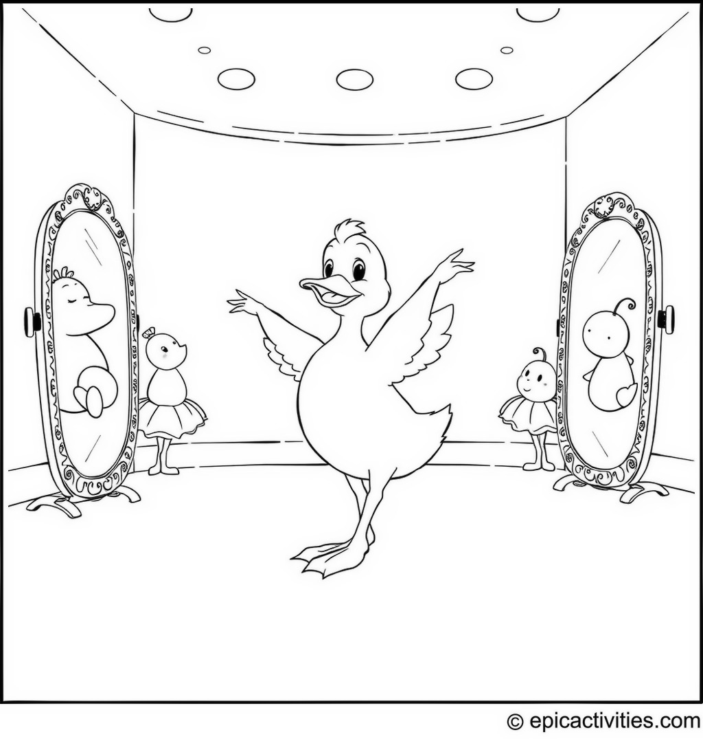 Coloring page of a Cute Cartoon Duck Practicing Ballet with Animal Friends