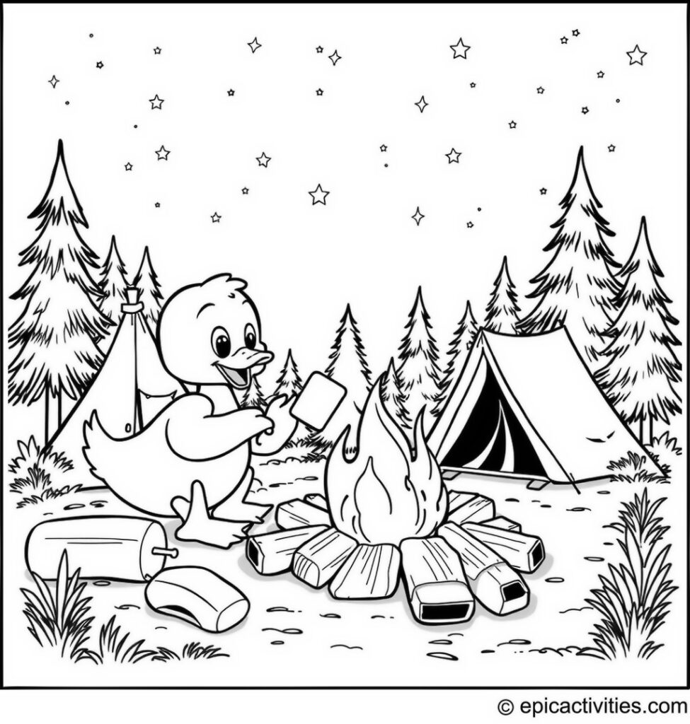 Coloring page of a Cute Cartoon Duck Roasting Marshmallows Around a Campfire