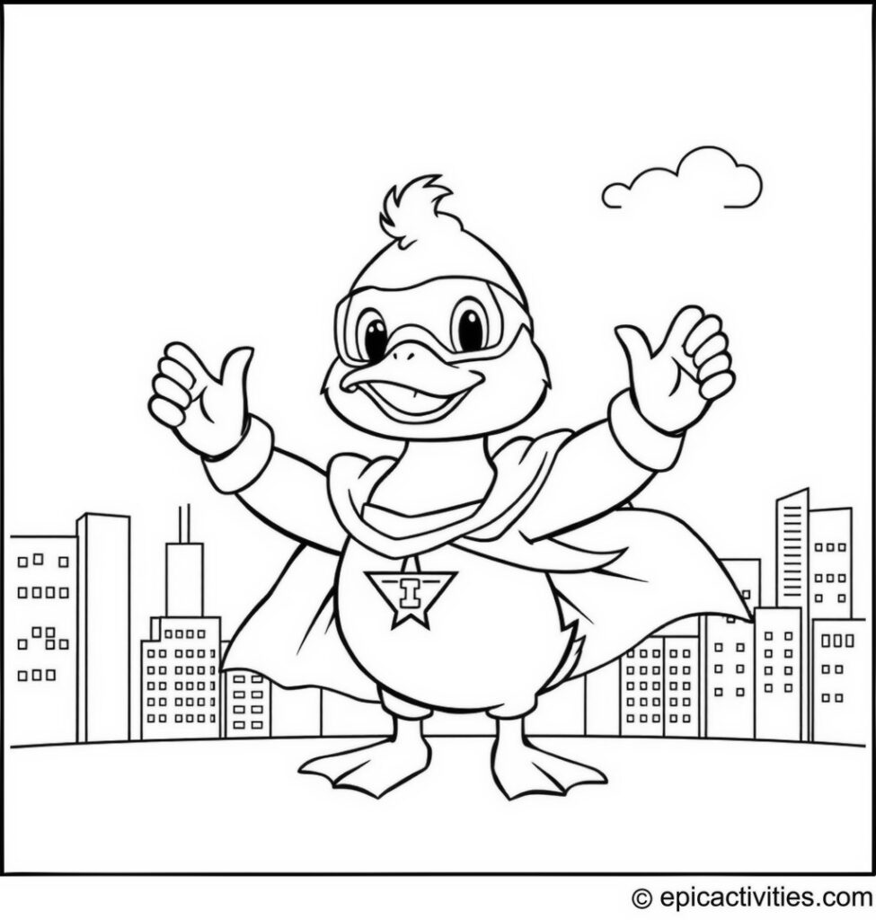 Coloring page of a Cute Cartoon Duck Superhero Saving the Day