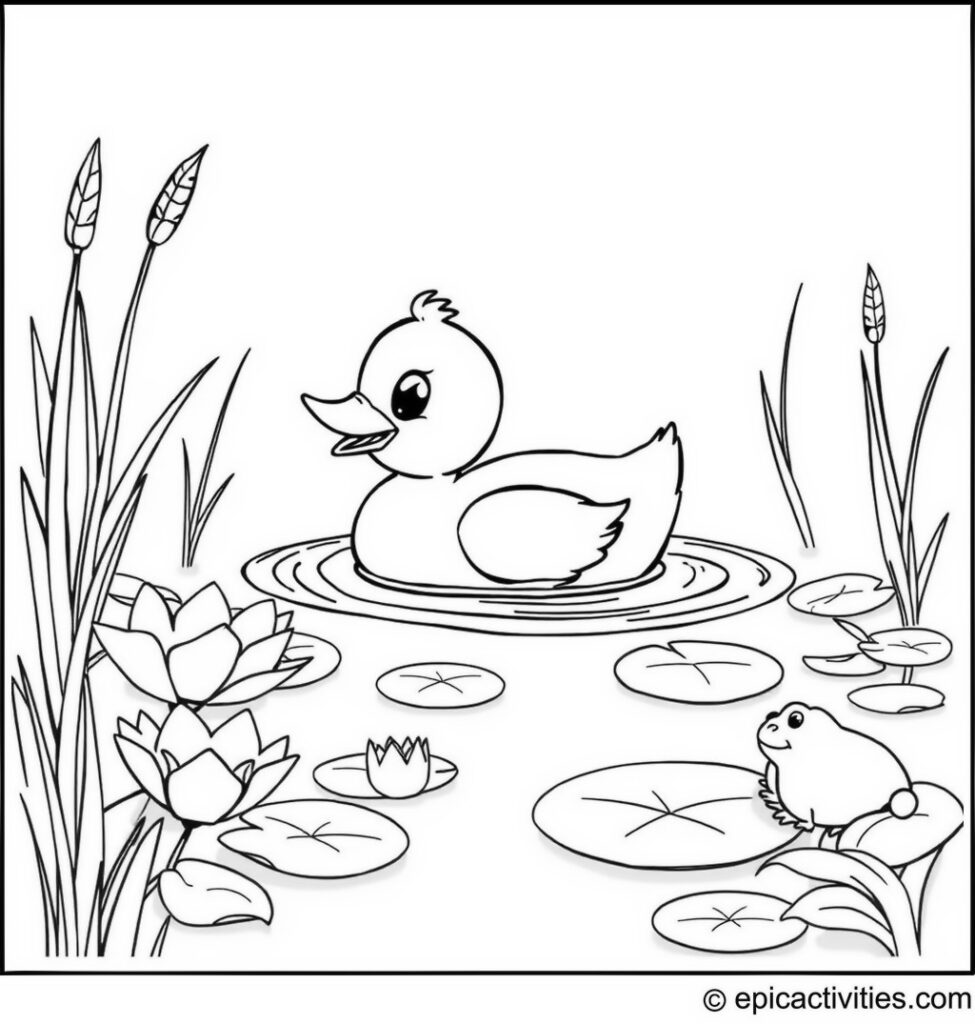 Coloring page of a cute cartoon duck swimming in a pond surrounded by lily pads, cattails, and frogs