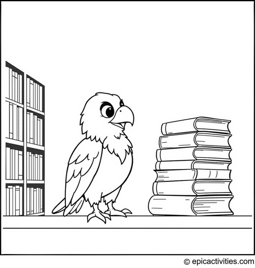 Coloring page of a cute cartoon eagle at the library with a stack of books