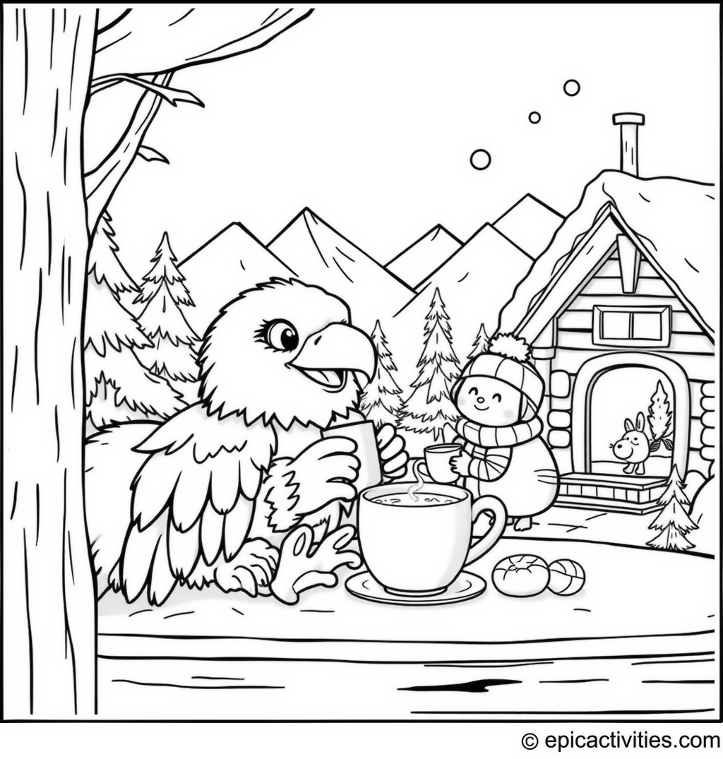 Coloring page of a Cute Cartoon Eagle Enjoying Cocoa at a Cozy Mountain Cabin