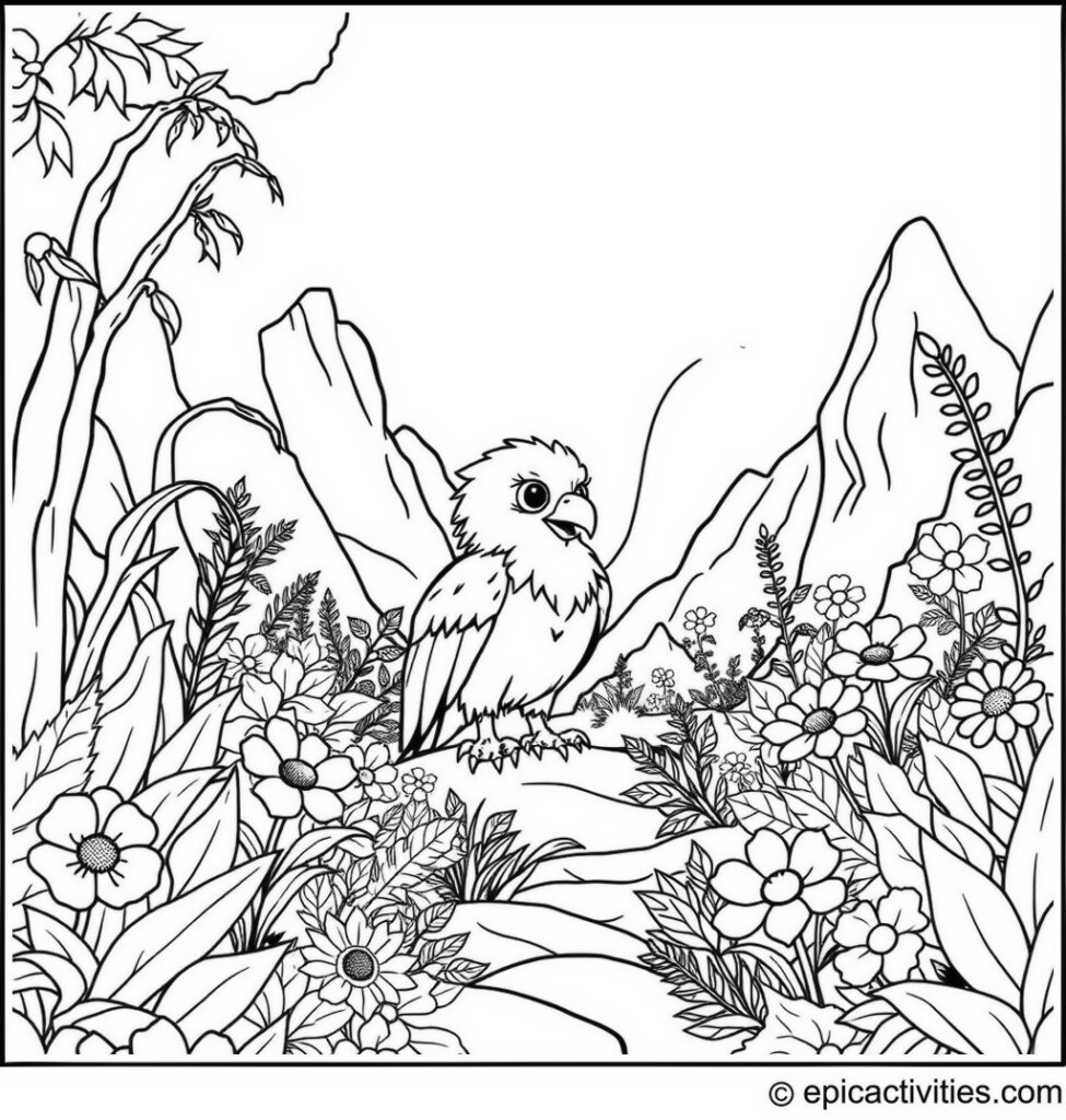Coloring page of a cute cartoon eagle exploring a hidden valley full of exotic plants and vibrant flowers