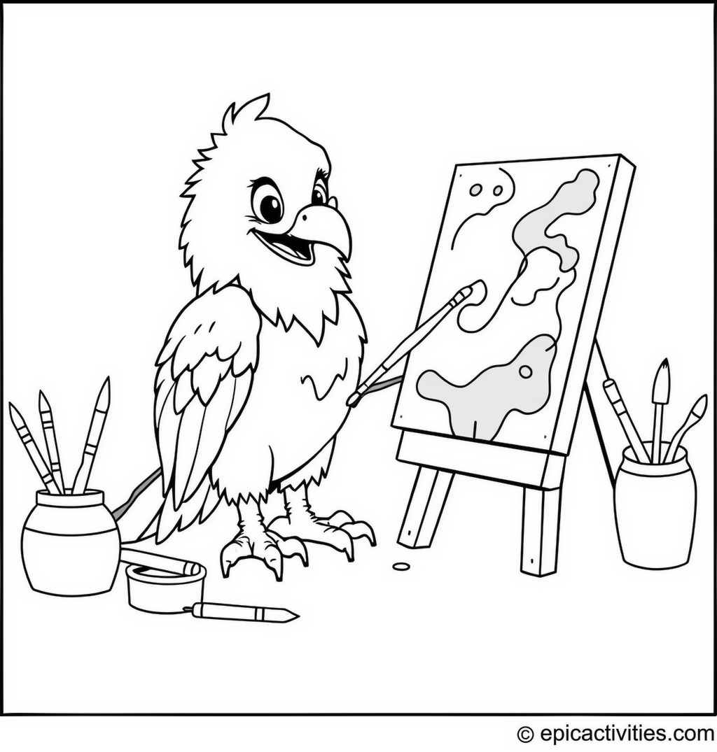 Coloring page of a Cute Cartoon Eagle Painting a Masterpiece