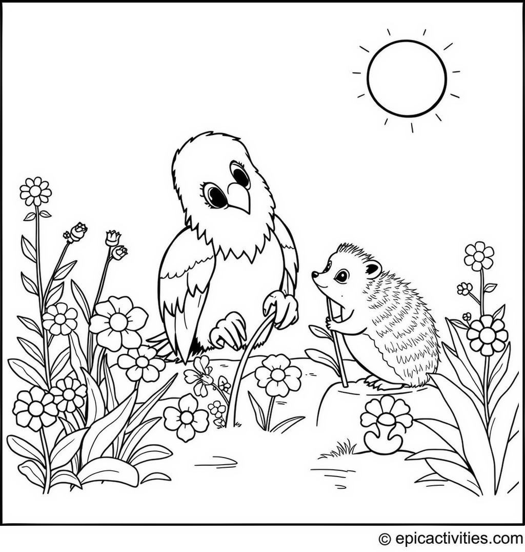 Coloring page of a cute cartoon eagle planting flowers with a hedgehog helper