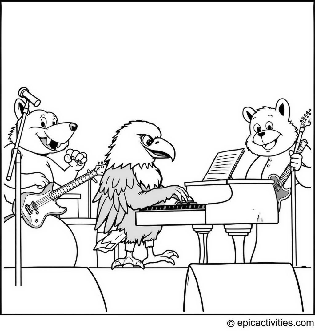 Coloring page of a Cute Cartoon Eagle Playing the Piano at a Rock Concert