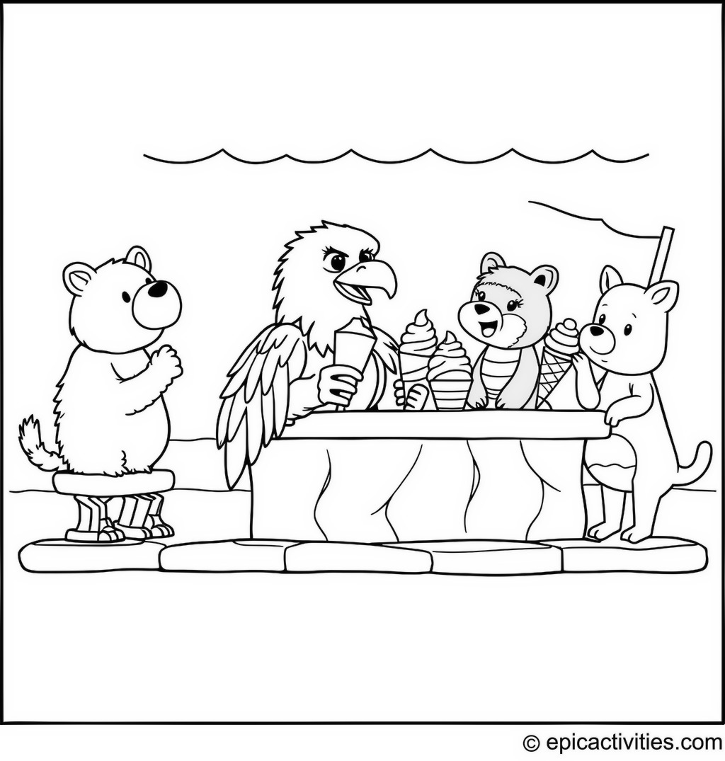 Coloring page of a cute cartoon eagle serving ice cream cones to other cute animals at a beachside stand