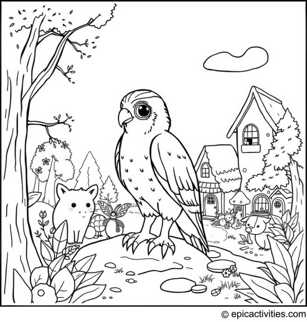 Coloring page of a Cute Cartoon Falcon in a Woodland Village with Animal Treehouse Homes