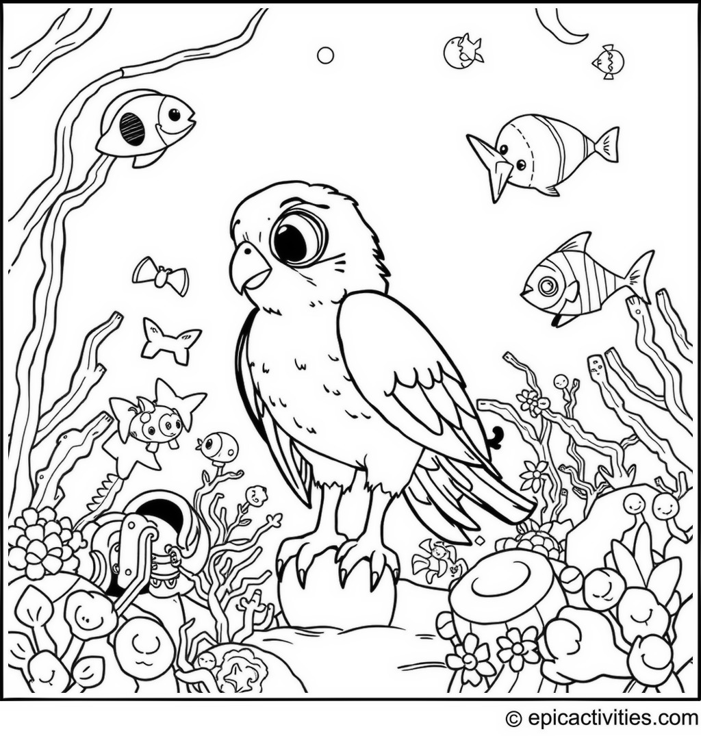 Coloring page of a Cute Cartoon Falcon in an Arcade-Style Underwater Adventure