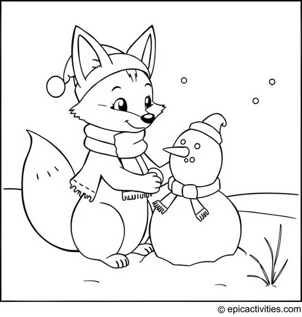 Coloring page of a Cute Cartoon Fox Building a Snowman in a Snowy Landscape