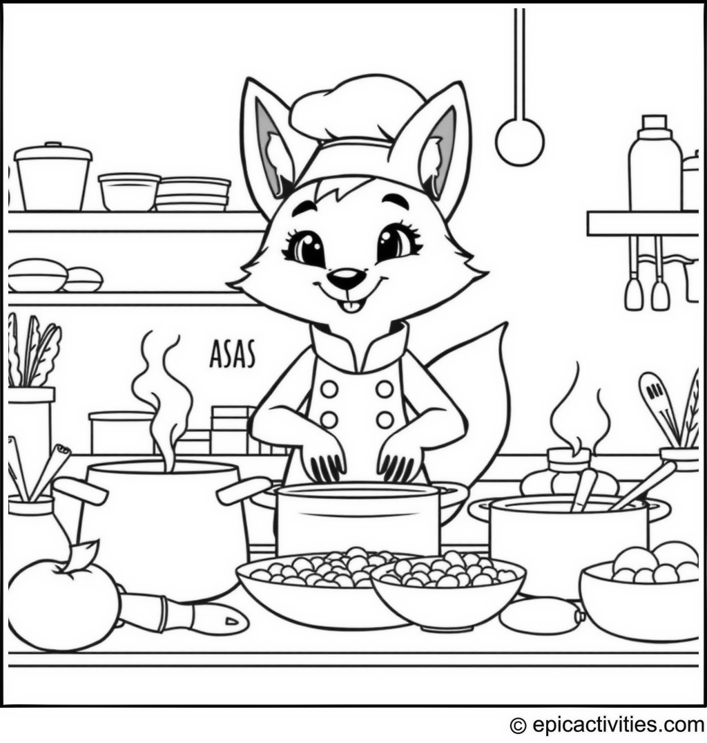 Coloring page of a Cute Cartoon Fox Chef Cooking in the Kitchen