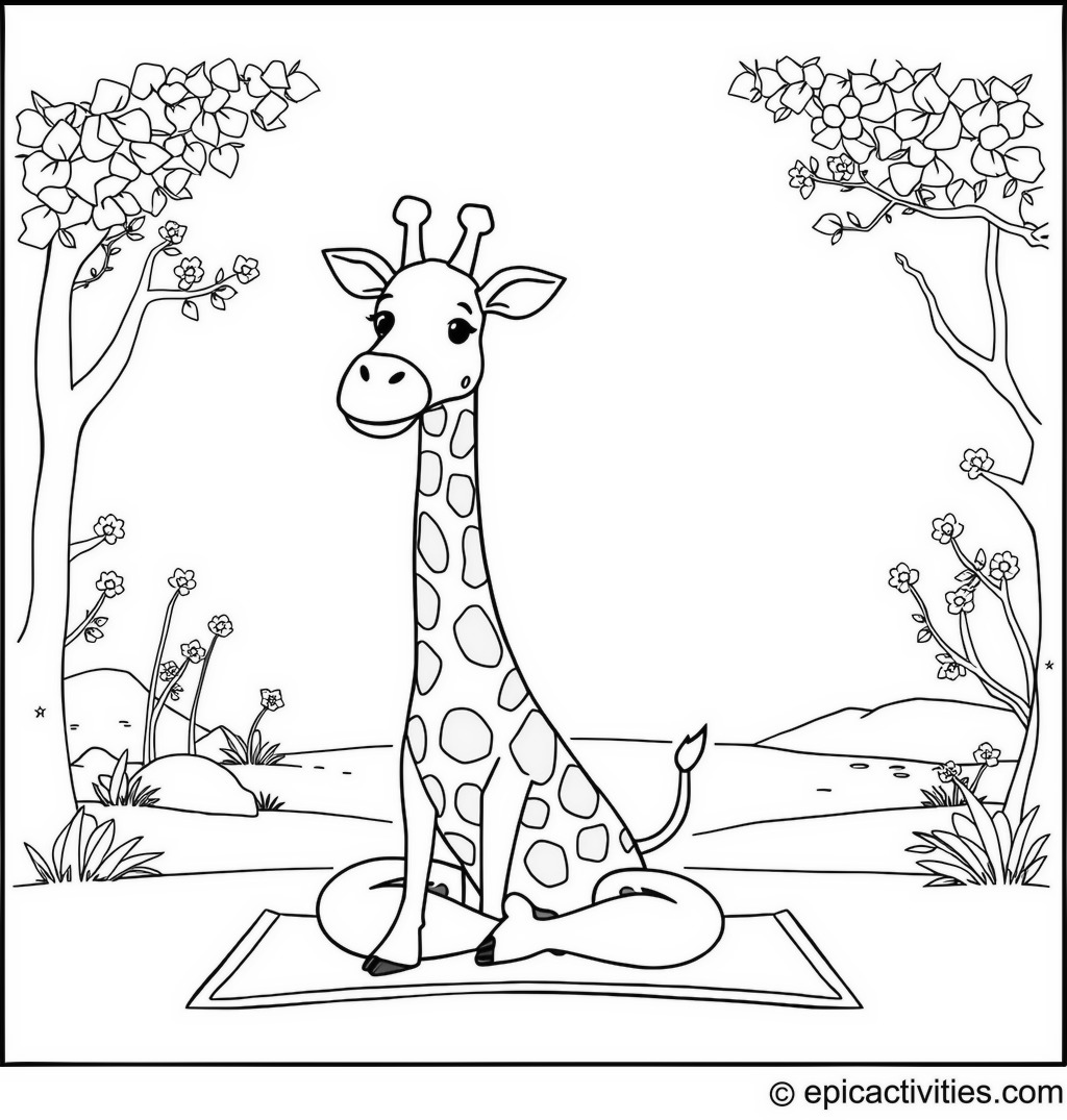 Coloring page of a cute cartoon Giraffe doing yoga poses