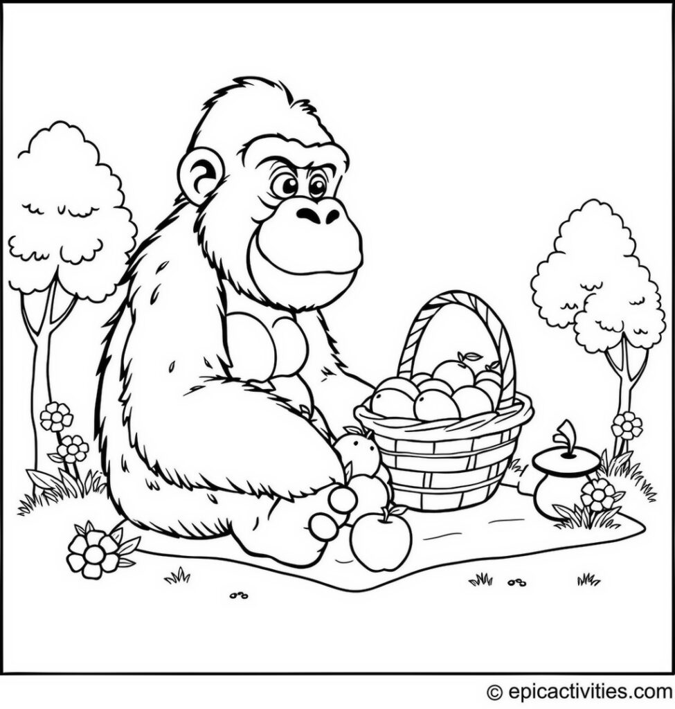 Coloring page of a Cute Cartoon Gorilla Picnicking with Fruits