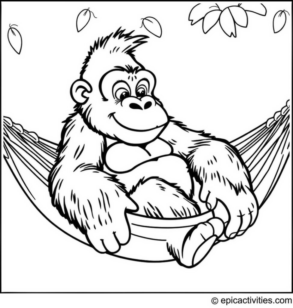 Coloring page of a cute cartoon gorilla relaxing in a hammock