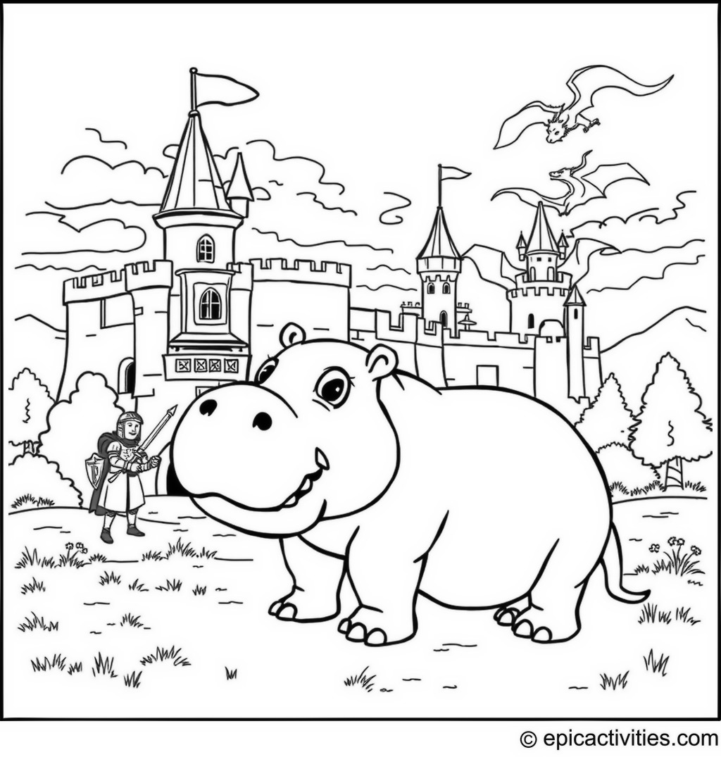 Coloring page of a cute cartoon hippopotamus visiting a medieval castle