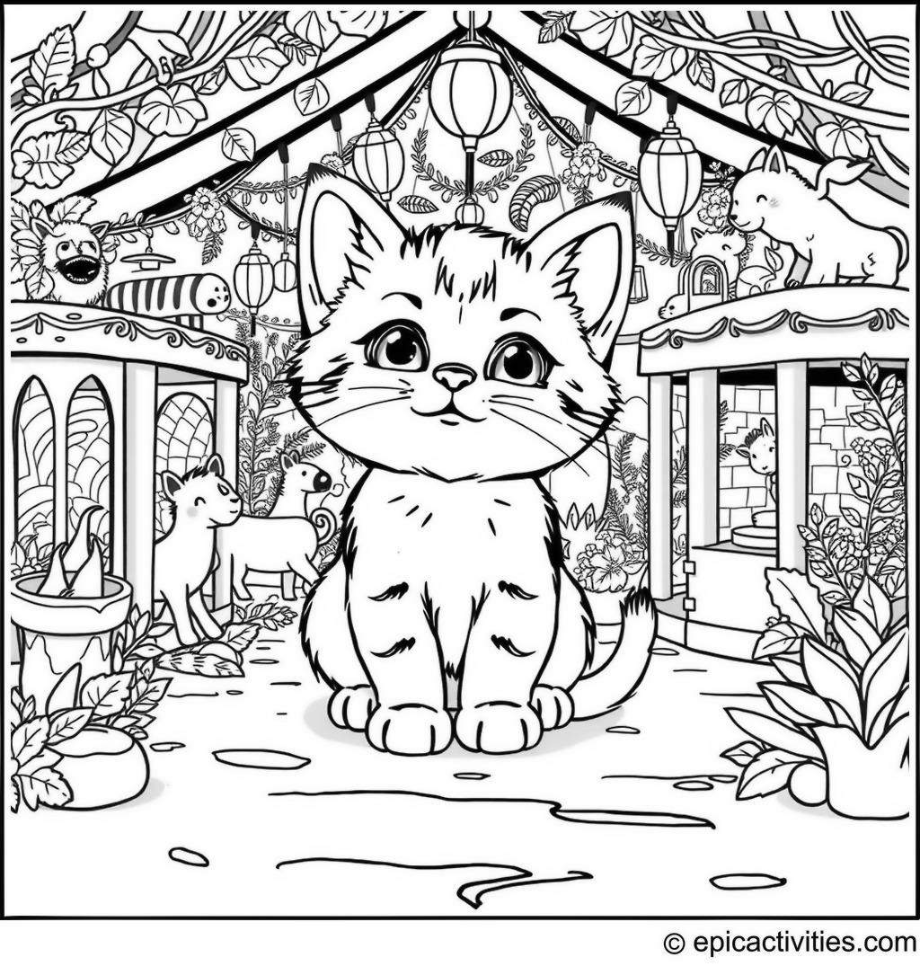 Coloring page of a Cute Cartoon Kitten at the Zoo