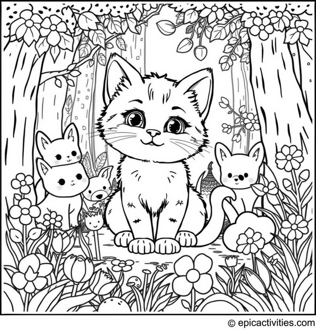 Coloring page of a Cute Cartoon Kitten in a Woodland Scene