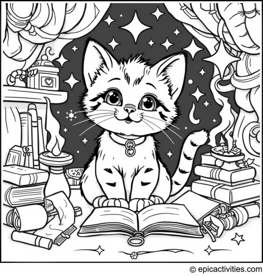 Coloring page of a Cute Cartoon Kitten Learning Magic Tricks