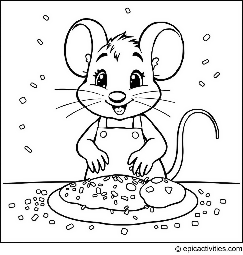 Coloring page of a Cute Cartoon Mouse Baking Cookies with Sprinkles