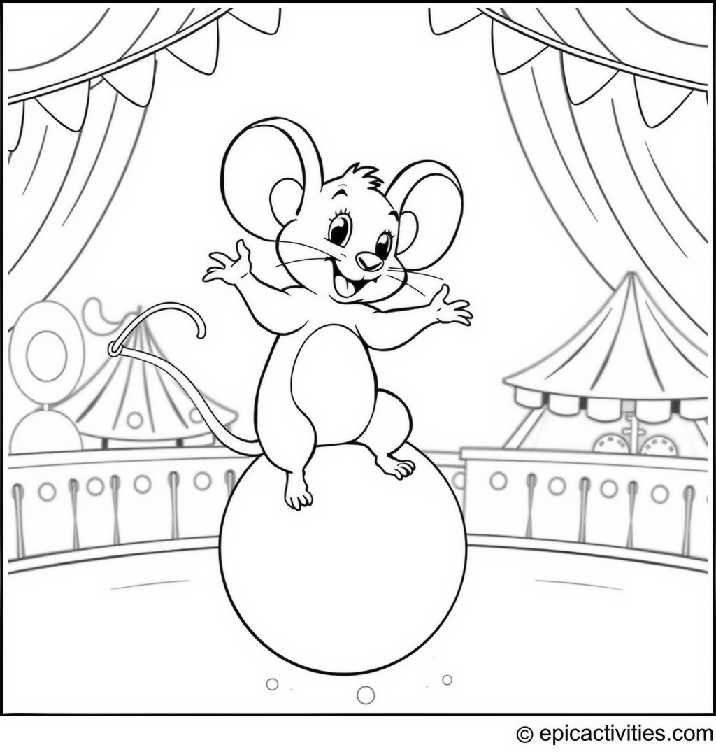 Coloring page of a Cute Cartoon Mouse Balancing on a Ball at the Circus