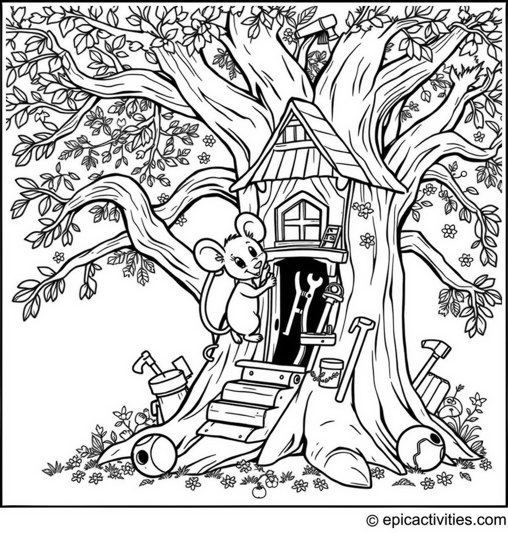 Coloring page of a Cute Cartoon Mouse Building a Treehouse in a Detailed Tree
