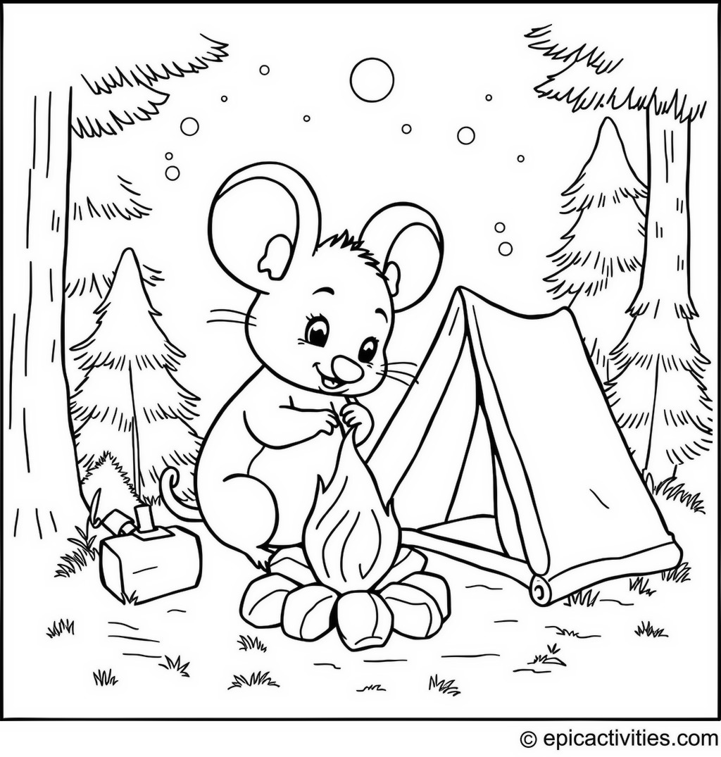 Coloring page of a Cute Cartoon Mouse Camping with a Tiny Tent and a Campfire