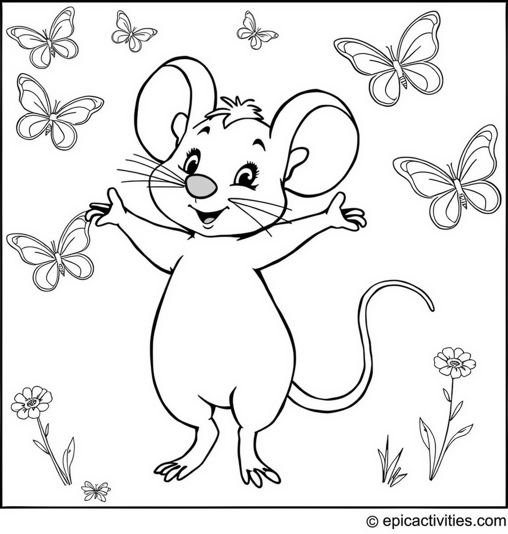 Coloring page of a Cute Cartoon Mouse Dancing with Butterflies