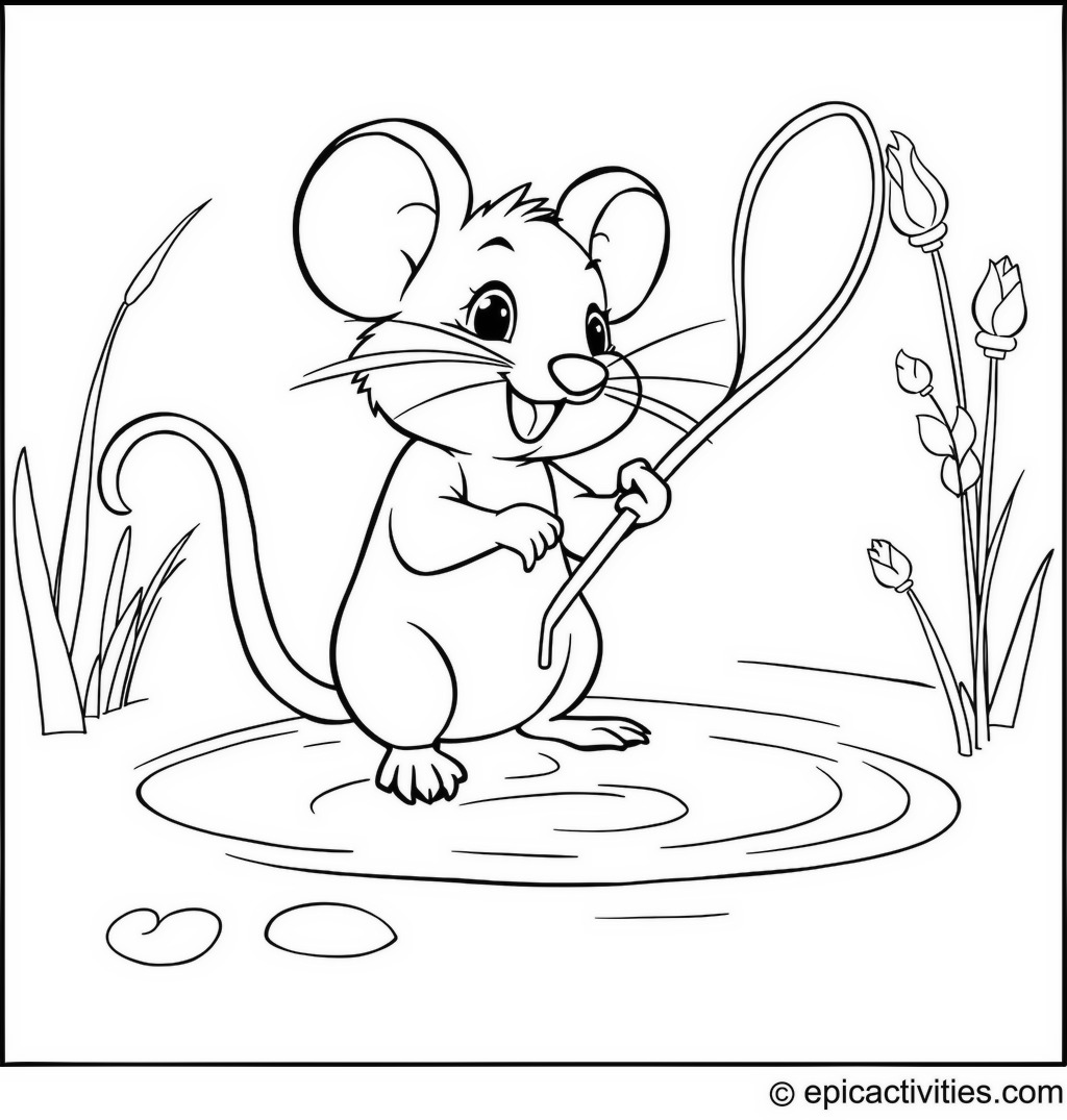 Coloring page of a Cute Cartoon Mouse Fishing with Cheese Hook in a Pond