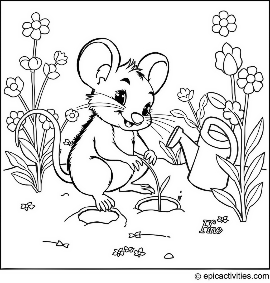 Coloring page of a Cute Cartoon Mouse Gardening