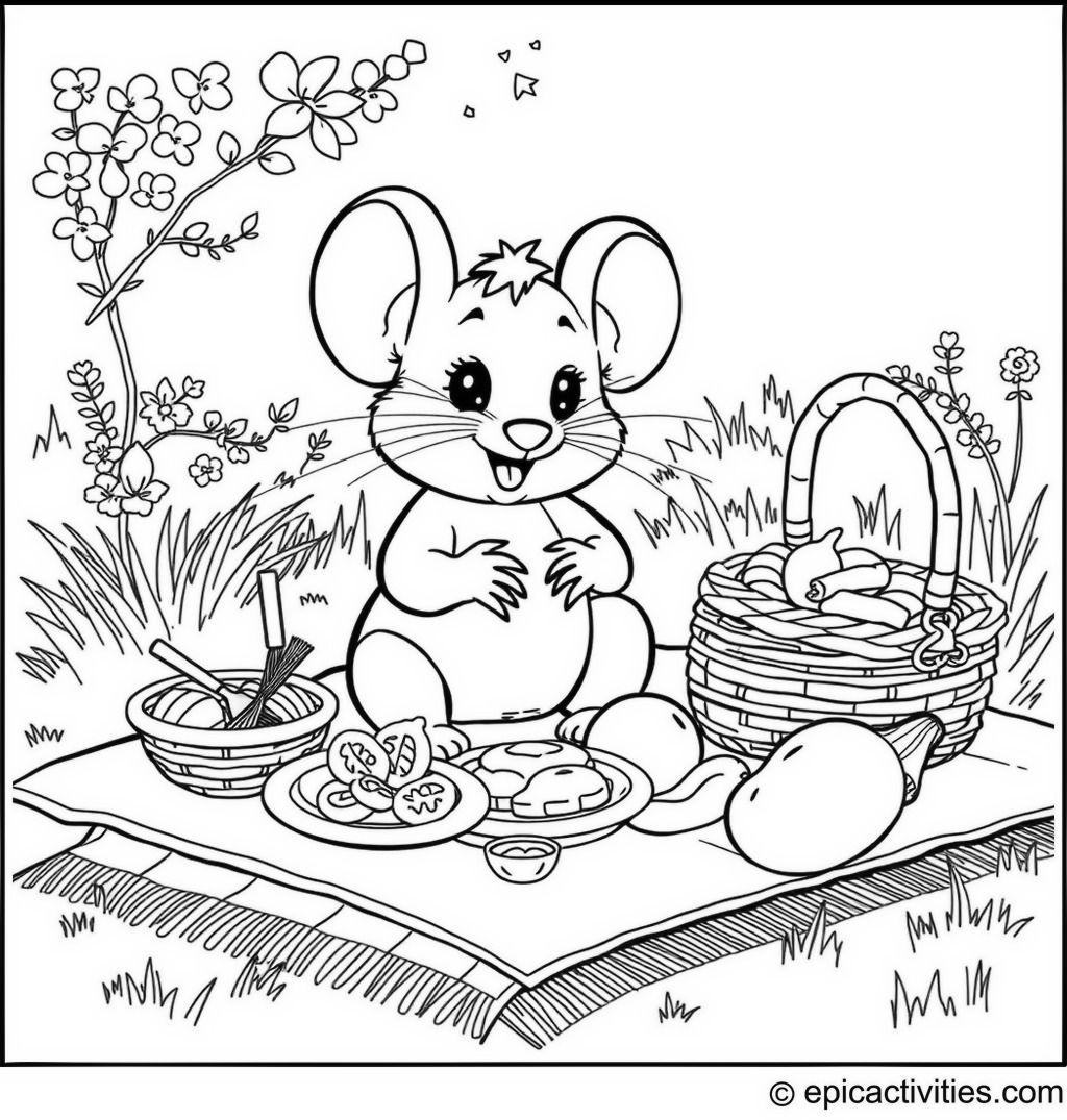 Coloring page of a Cute Cartoon Mouse Having a Picnic