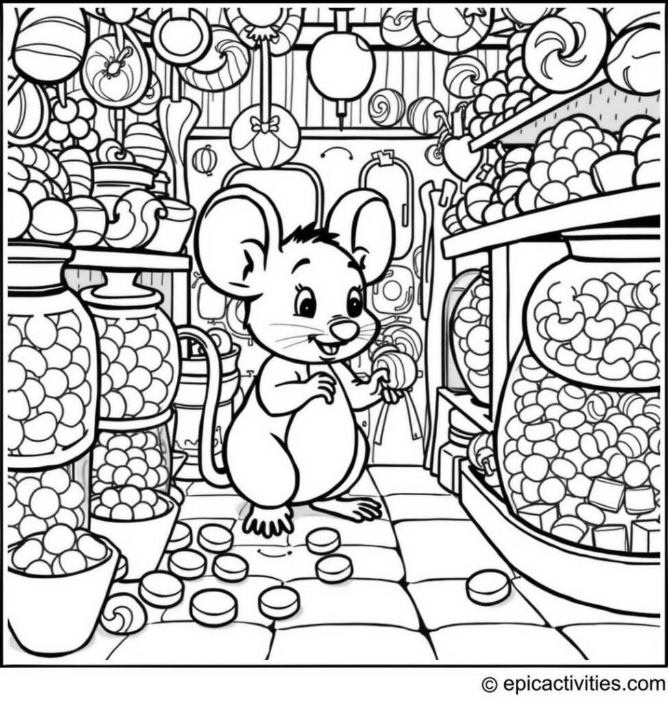 Coloring page of a Cute Cartoon Mouse in a Candy Shop