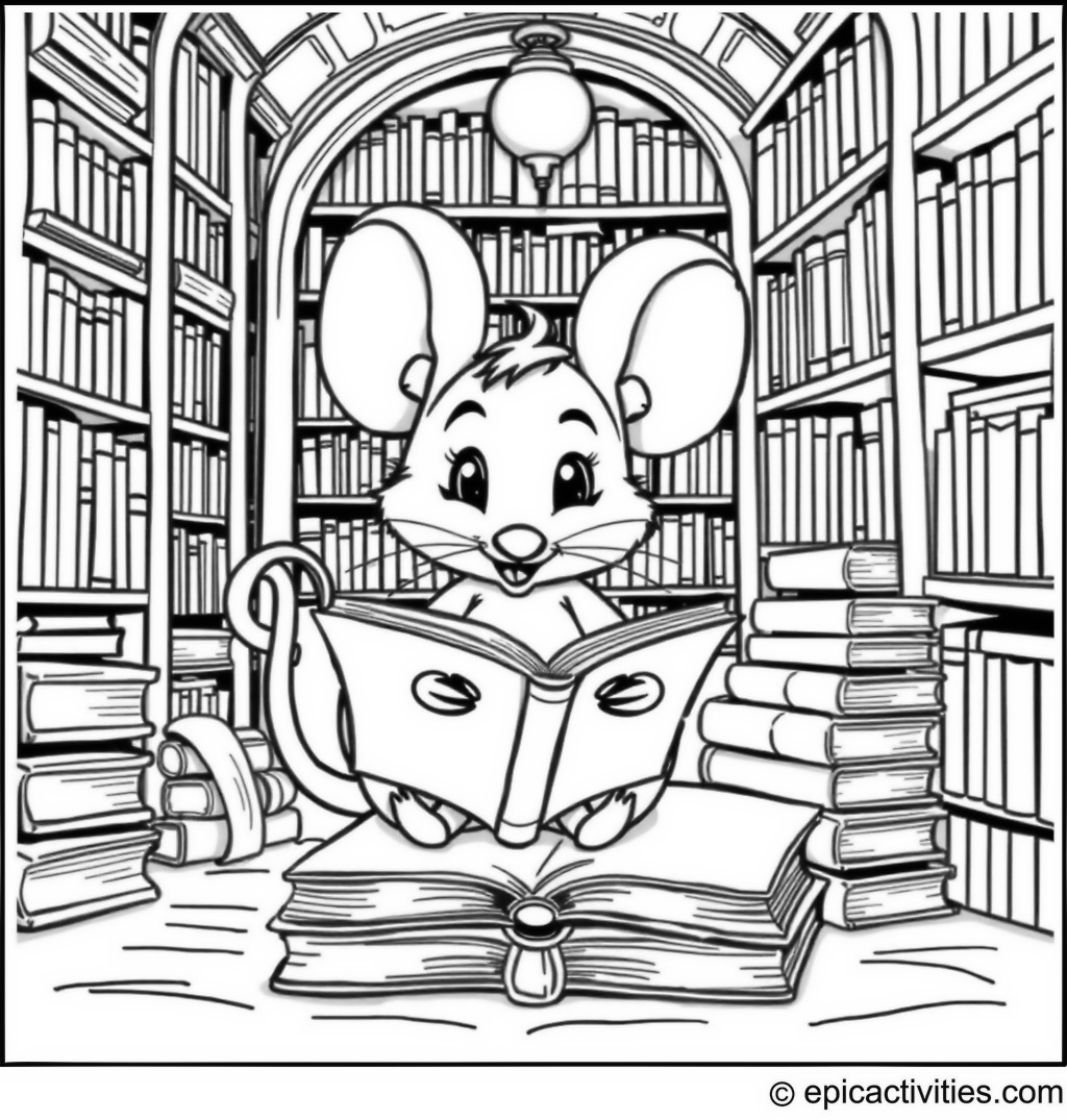 Coloring page of a Cute Cartoon Mouse in a Detailed Library Scene