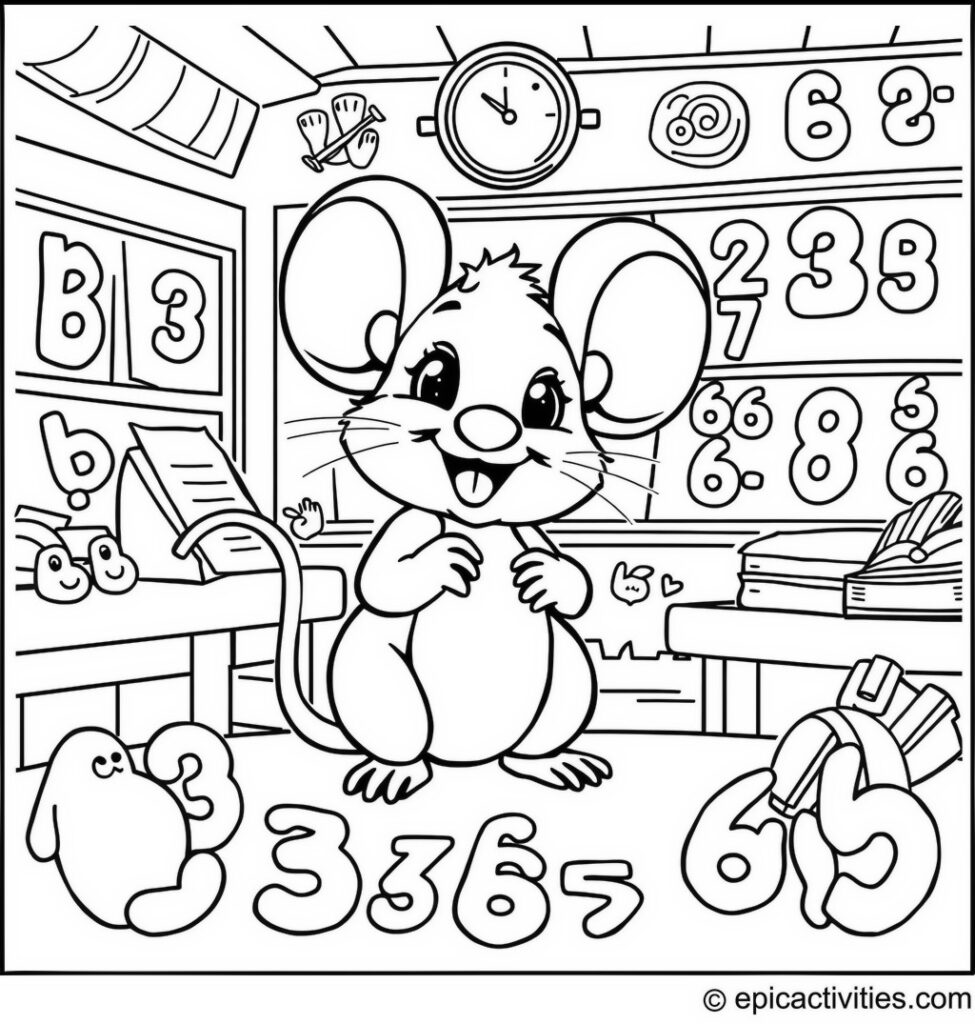 Coloring page of a Cute Cartoon Mouse in a Detailed Classroom Learning Numbers and Letters