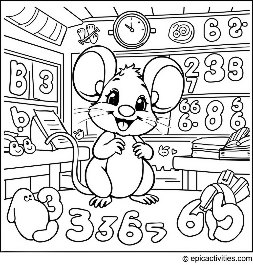 Coloring page of a Cute Cartoon Mouse in a Detailed Classroom Learning Numbers and Letters