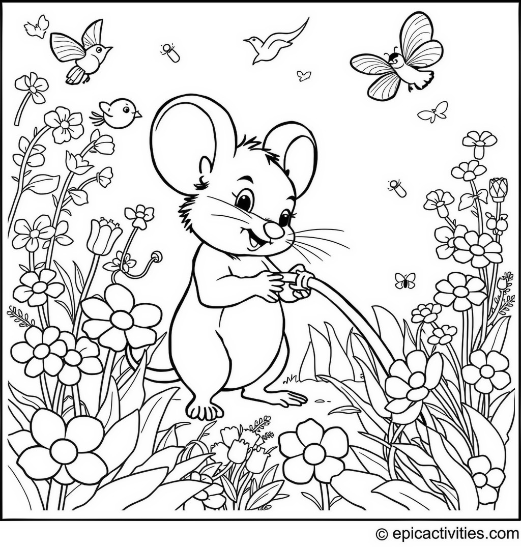 Coloring page of a Cute Cartoon Mouse in a Detailed Garden with Birds, Bees, and Flowers