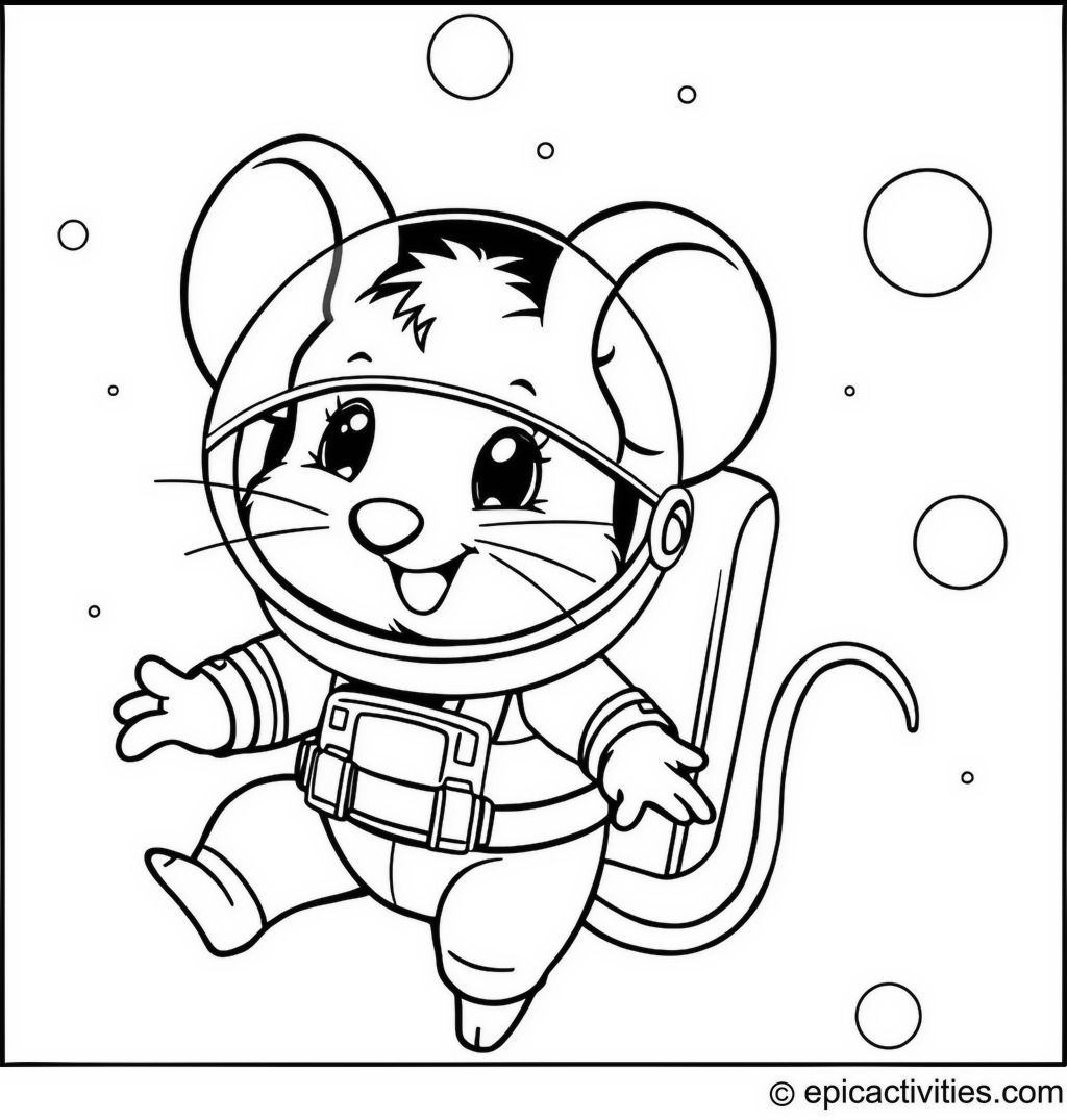 Coloring page of a Cute Cartoon Mouse in a Spacesuit Floating in Space