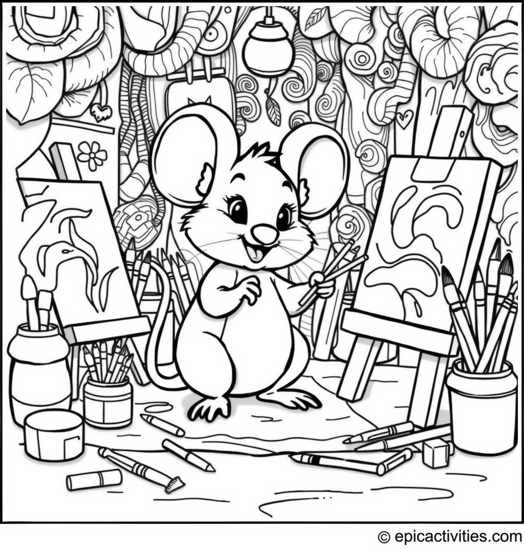 Coloring page of a Cute Cartoon Mouse in an Art Studio