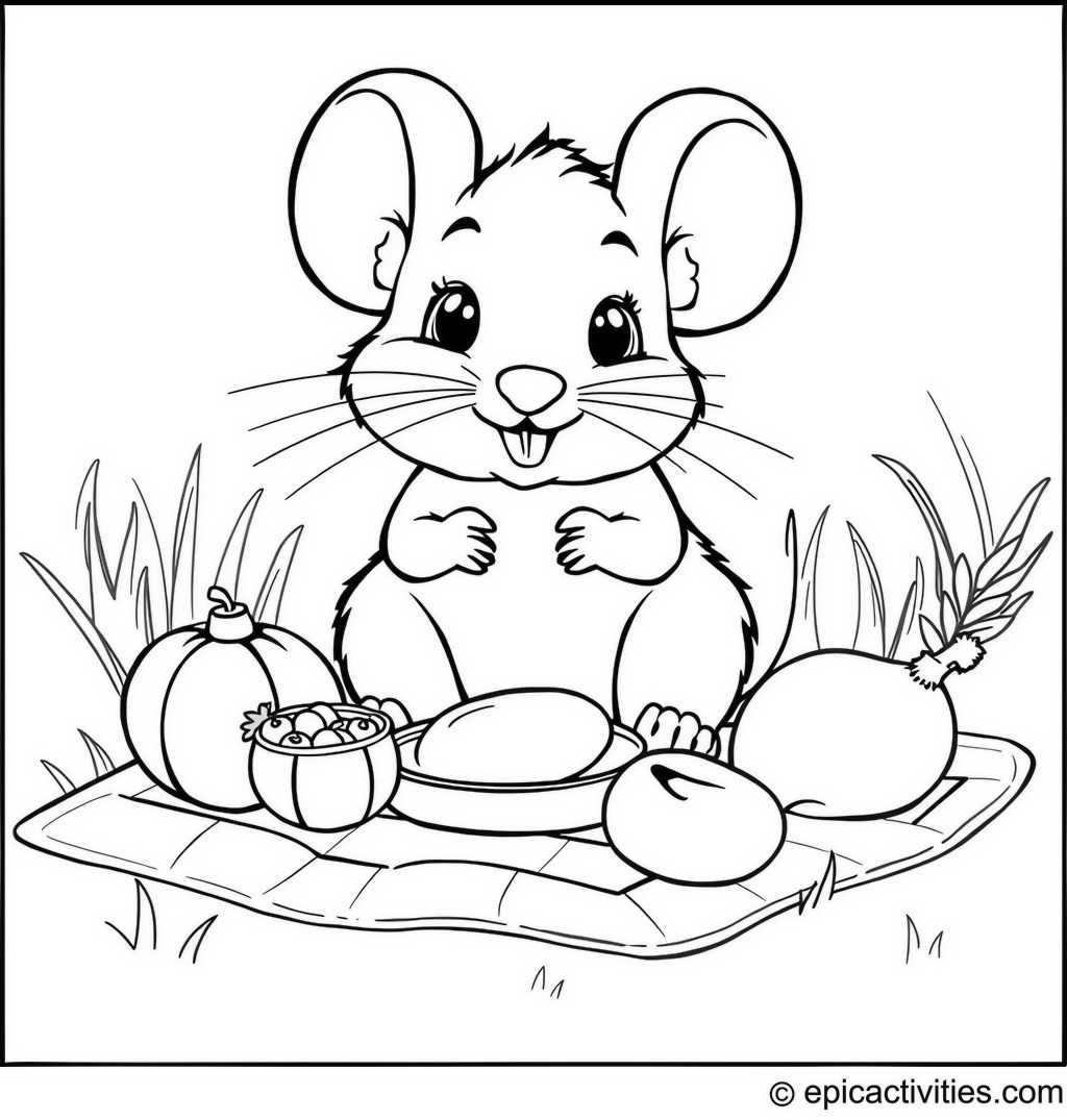 Coloring page of a Cute Cartoon Mouse on a Picnic