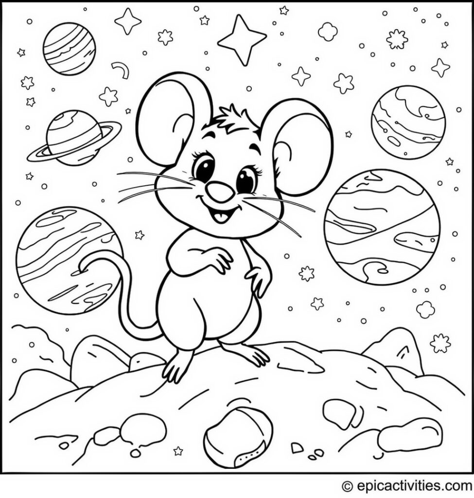 Coloring page of a Cute Cartoon Mouse on a Space Adventure