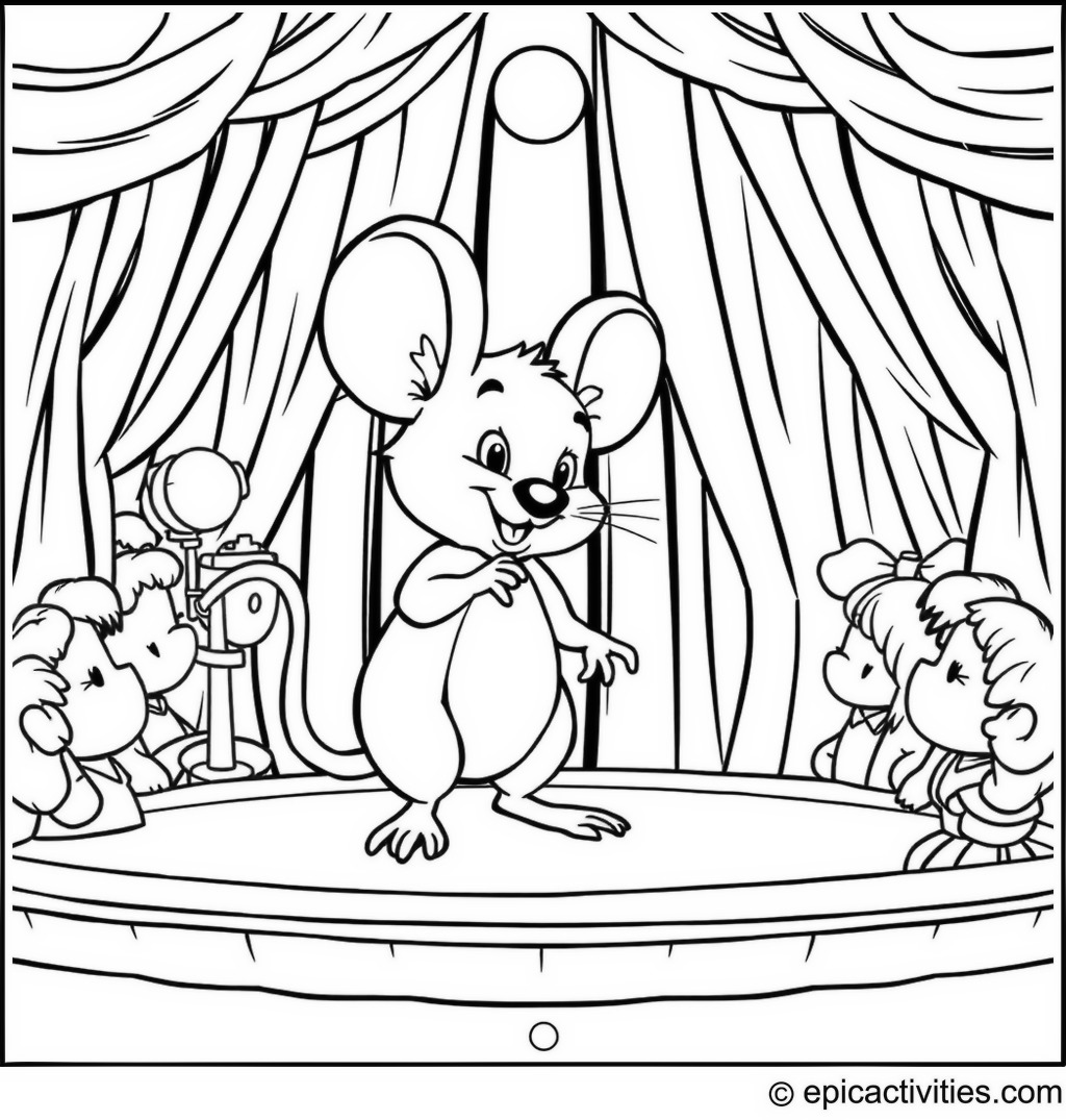 Coloring page of a Cute Cartoon Mouse Performing a Play