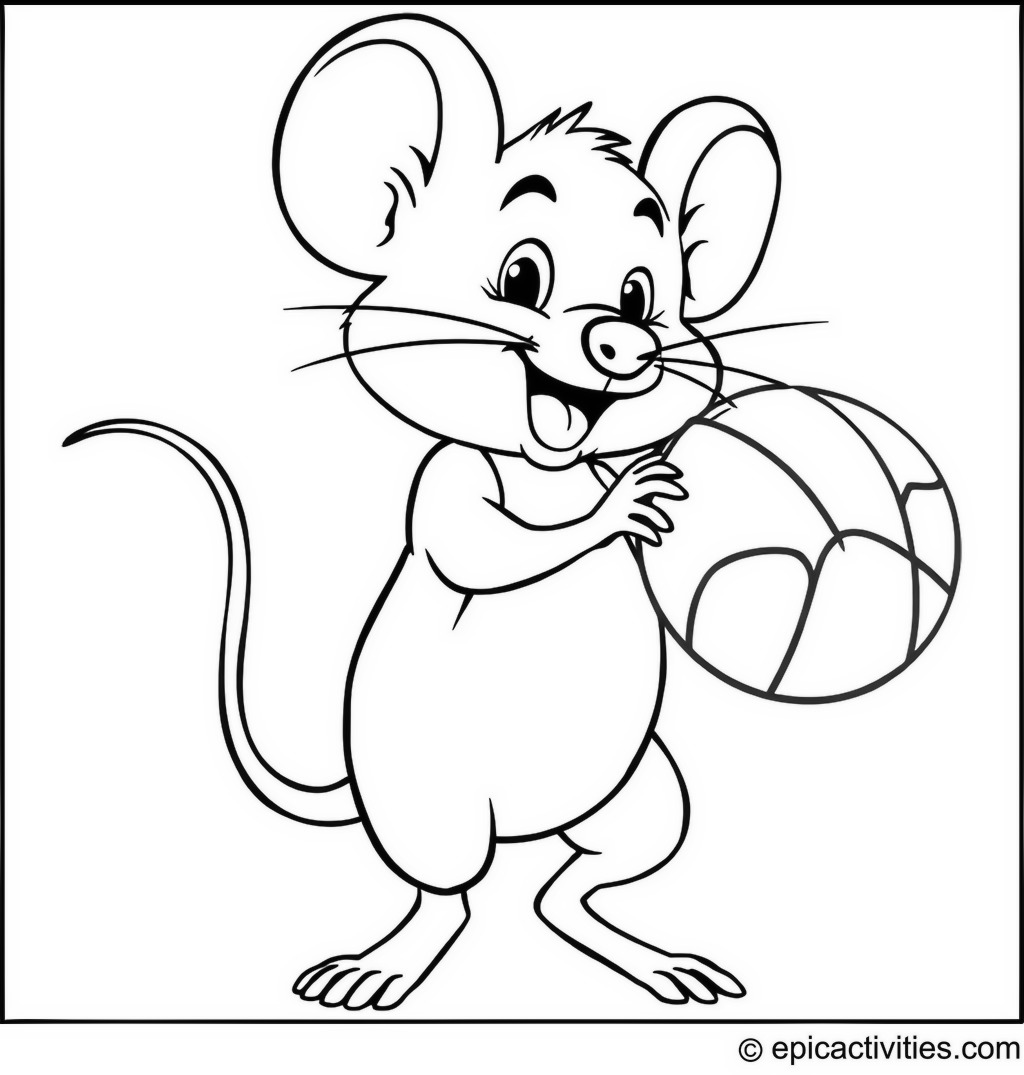 Coloring page of a Cute Cartoon Mouse Playing Basketball with a Walnut Shell
