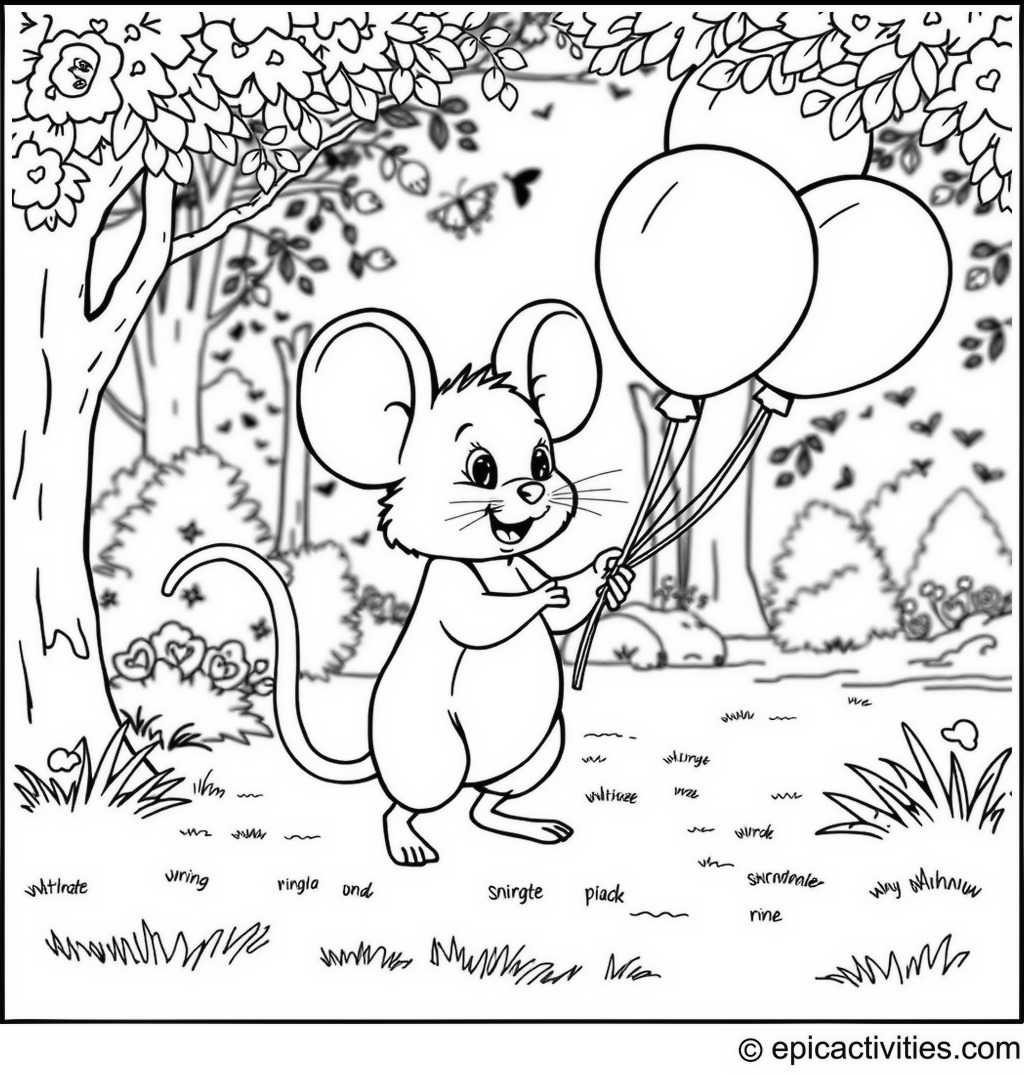 Coloring page of a Cute Cartoon Mouse Playing with Balloons in the Park