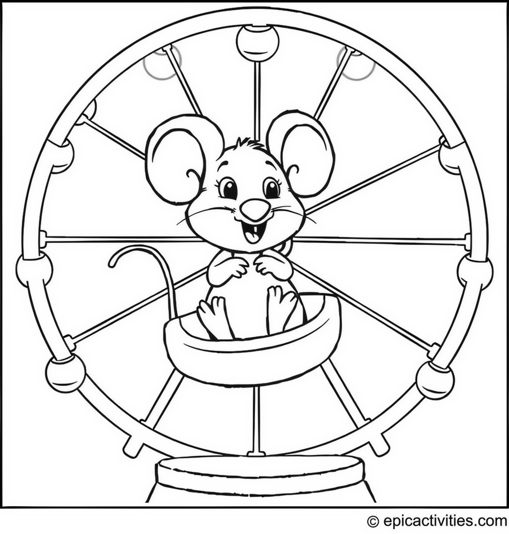 Coloring page of a Cute Cartoon Mouse Riding a Ferris Wheel Alone