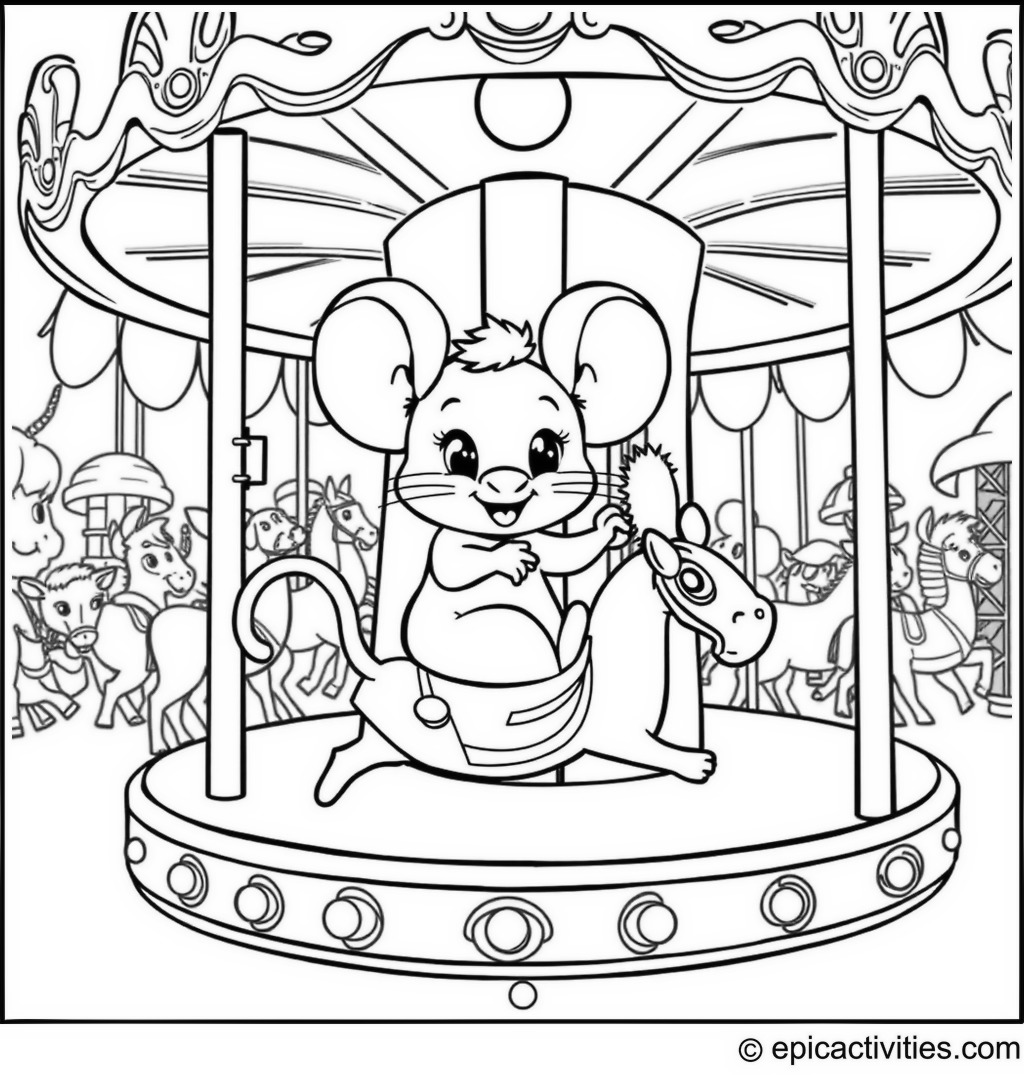 Coloring page of a Cute cartoon mouse riding a merry-go-round in a whimsical fair